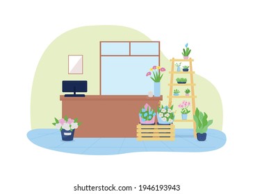 Flower shop interior 2D vector web banner, poster. Purchase bouquet from small business. Florist store flat scene on cartoon background. Inside kiosk printable patch, colorful web element