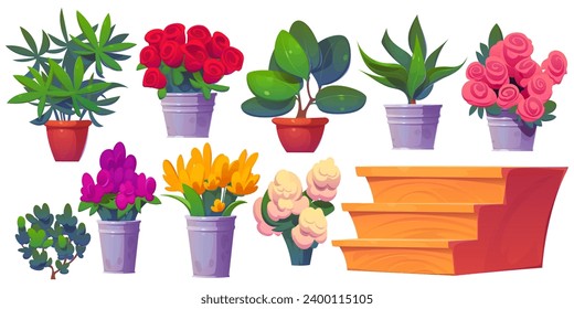 Flower shop interior design elements set isolated on white background. Vector cartoon illustration of colorful bouquets in buckets, tulip and rose bunch in vase, green plant in pot, wooden shelf