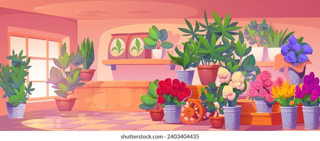 Flower shop interior design. Vector cartoon illustration of large room with colorful bouquets in buckets, tulip and rose bunch in vase, green plant in pot, seed bags on wooden shelf, florist business