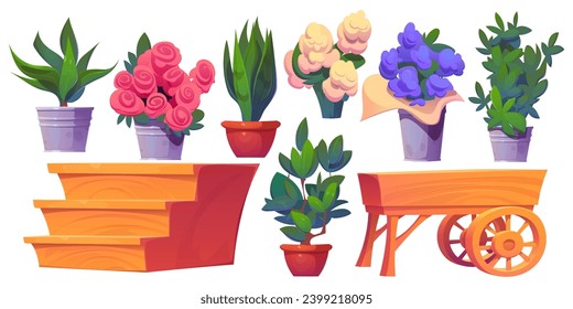 Los elementos interiores de la tienda de flores están decorados con plantas verdes en maceta y ramo florido en jarrón, cremallera de madera y carretilla para mostrar. Ilustración vectorial de dibujos animados de floristería y de la tienda de jardín dentro de los objetos.