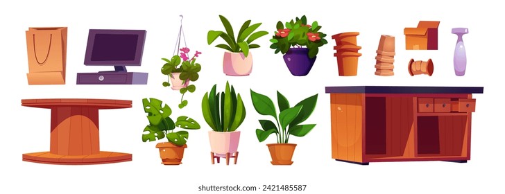 Flower shop interior furniture, equipment and plants set. Green vegetation in pot, empty baskets, wooden displaying stand and working table, cashier with monitor. Florist and garden store inside items