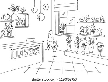 Flower shop interior graphic black white sketch illustration vector