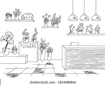 Flower shop interior graphic black white sketch illustration vector