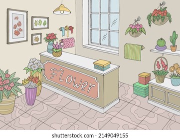 Flower shop interior graphic color sketch illustration vector 