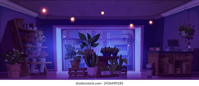 Flower shop interior at night. Cartoon vector illustration of dark empty closed florist store with plants and trees in pots, bouquet on wooden shelf, cash desk and large window with city outside.