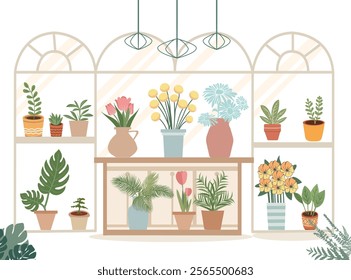 Flower shop interior with plants and flowers in pot and vases on racks and shelves, large glass door and window. Cartoon vector florist store inside. Interior with various indoor plants on shelves. 