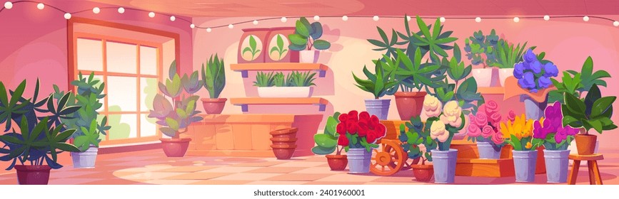 Flower shop interior with plants in pot and vase standing on wooden racks and shelves, wheelbarrow and floor. Cartoon vector illustration of florist store inside with window, cashier and garland.