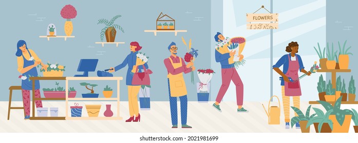 Flower shop interior with sellers or florists and buyers characters, flat vector illustration. Florists working with clients of shop and create flower bouquets.
