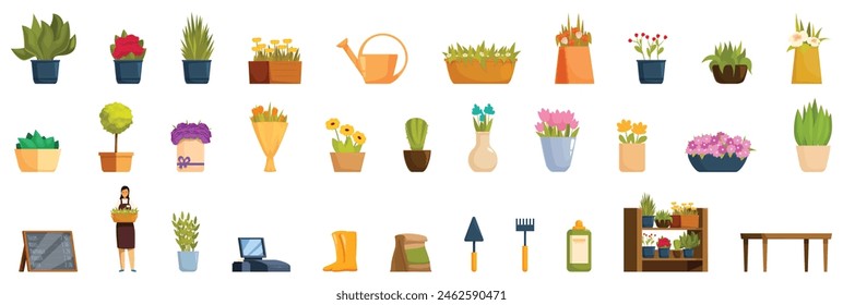 Flower shop interior vector. A collection of potted plants and gardening tools. A woman is holding a basket and looking at the plants