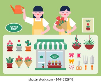 Flower shop interior vector Illustration. Flower flat icons set.