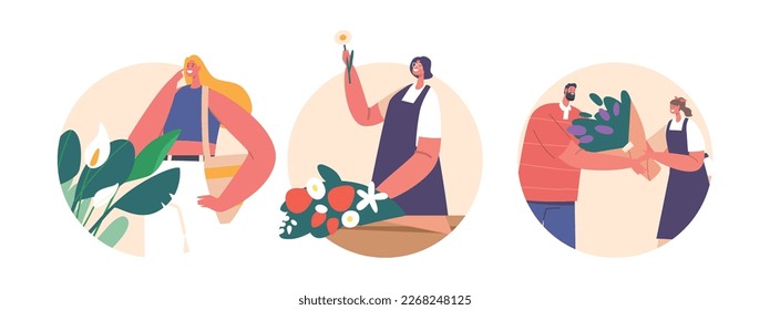 Flower Shop Isolated Round Icons or Avatars. Saleswomen Making Floral Compositions and Sell Bouquets, Customer Buying Flowers, Florist Profession, Job. Cartoon People Vector Illustration - Shutterstock ID 2268248125