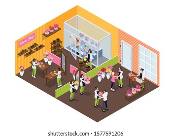 Flower shop isometric composition with florists sellers and visitor in store interior vector illustration