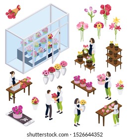 Flower shop isometric icons with customers and staff receiving online orders and making authors bouquets isolated vector illustration