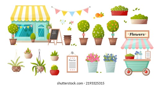 Flower shop items vector illustrations set. Cartoon drawings of plants in pots, flower compositions as gifts, florist store isolated on white background. Nature, decoration, gardening concept