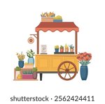 Flower shop or kiosk with assortment of plants and prices. Vector isolated empty florist store with potted houseplants and vases with bouquets. Floristry and flora compositions for sale