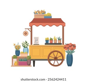 Flower shop or kiosk with assortment of plants and prices. Vector isolated empty florist store with potted houseplants and vases with bouquets. Floristry and flora compositions for sale