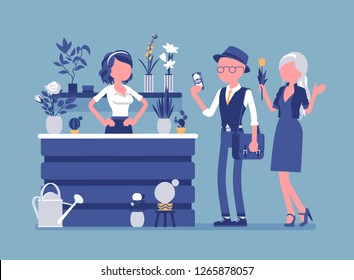 Flower shop lady sells, arranges cut flowers for customers. Floral boutique design, girl merchandising and displays plants in store, successful small business. Vector illustration, faceless characters