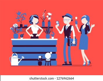 Flower shop lady sells, arranges cut flowers for customers. Floral boutique design, girl merchandising, displays plants in a store, successful small business. Vector illustration, faceless characters