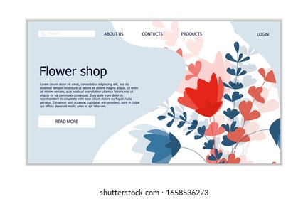 Flower shop landing page template. Vector flat illustration of flowers and branches. Floral webpage design concept with typography.