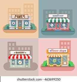 Flower shop, laundry, barber, bakery and newsstand, cafe facade in the town. Vector illustration