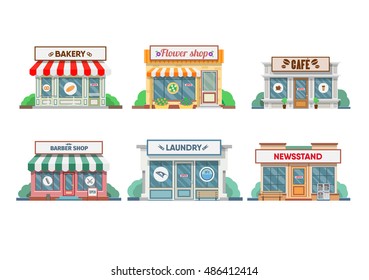 Flower shop, laundry, barber, bakery and newsstand, cafe facade in the town. Vector illustration