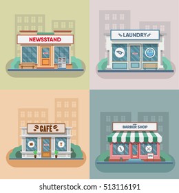 Flower shop, laundry, barber, bakery and newsstand, cafe facade in the town. Vector illustration