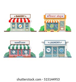 Flower Shop, Laundry, Barber And Bakery Facade In The Town. Vector Illustration