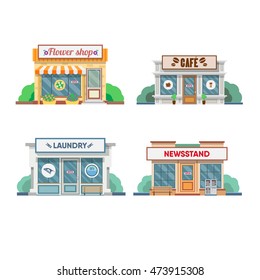 Flower shop, laundry, barber, cafe facade in the town. Vector illustration
