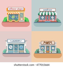 Blumenladen, Wäscherei, Friseur, Café-Fassade in der Stadt. Vektorgrafik