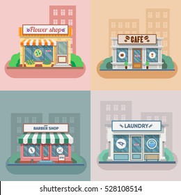 Flower Shop, Laundry, Barber, Cafe Facade In The Town. Vector Illustration