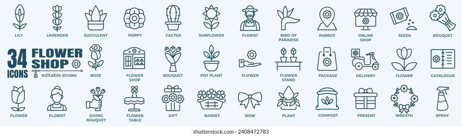 Flower shop line icons collection. Editable line