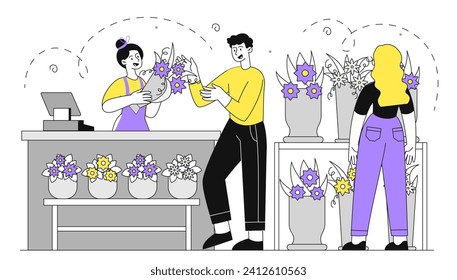 Concepto lineal de flor. El hombre le compra un ramo a la mujer. El florista vende flores al comprador. Plantas de florecimiento y floración. Estética y elegancia. Ilustración del vector plano Doodle aislada en fondo blanco