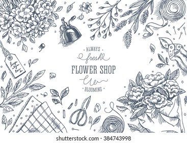 Flower shop. Linear graphic. Top view vintage illustration