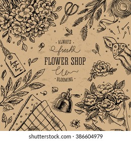 Flower shop. Linear graphic. Top view vintage illustration