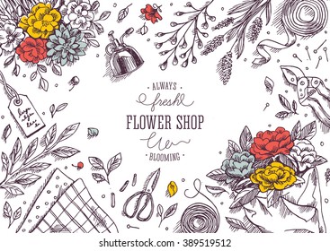 Flower shop. Linear graphic. Top view vintage illustration