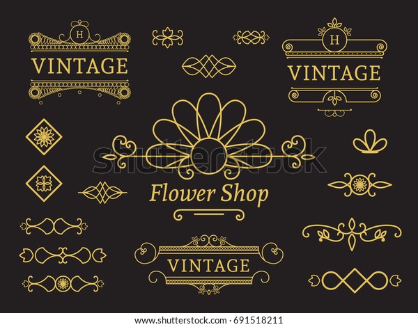 Flower shop linear symbols and decorative\
elements. Vector vintage set for flower\
store
