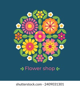 Flower shop logo with bright abstract decorative flowers. Floral vector emblem, sign, icon, symbol