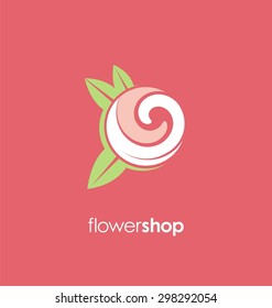 Flower shop logo idea layout. Rose symbol flat design. Spa, cosmetician or beauty salon icon concept with unique swirl shape. 