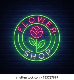 Flower shop logo, neon sign. Vector illustration on the theme of selling flowers. Neon banner, vivid advertising of flowers, night sign.