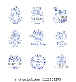 Flower shop logo premium set, floral boutique, florists badges hand drawn vector Illustrations in blue colors on a white background