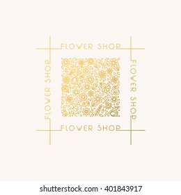 Flower shop logo and signs in trendy linear style.
Emblem and icon of flowers.
Template for Business card, Banner and Brochure. 
Identity Style for Flower shop. 
Flat design. 