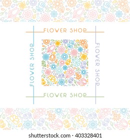 Flower shop logo and signs in trendy linear style.
Emblem and icon of flowers.
Template for Business card, Banner and Brochure. 
Identity Style for Flower shop. 
Flat design.