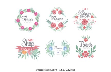 Flower Shop Logo Templates Set, Florist Boutique Wreath Badges, Emblems, Logotypes Vector Illustration