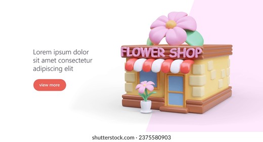 Flower shop, market. Florist services. Materials for gardening, landscape design. Floral arrangements. 3D illustration, text, landing page button. Web design template