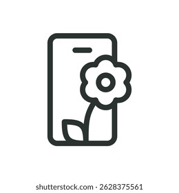 Icono de línea de App móvil de tienda de flores, símbolo de Vector de App móvil de entrega de flores con trazo editable