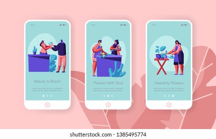 Flower Shop Mobile App Page Onboard Screen Set. Customer Visit Store to Buy Plant or Bouquet for Event, Florist Profession Occupation Concept for Website or Web Page. Cartoon Flat Vector Illustration