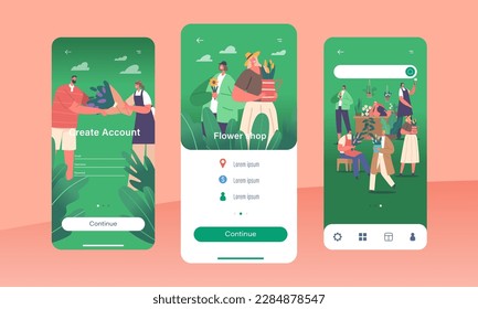 Flower Shop Mobile App Page Onboard Screen Template. Bouquet Seekers And Flower Enthusiasts Bustling Floristry Store
