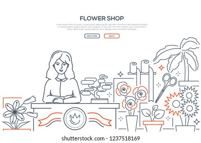 Flower shop - modern line design style web banner on white background with place for text. High quality composition with a young smiling female florist at the counter, store, selling plants, bouquets