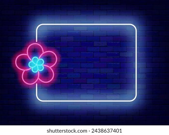 Flower shop neon flyer. Summer party. Empty white frame with blossom symbol. Event greeting card. Copy space. Bright flyer. Glowing poster. Editable stroke. Vector stock illustration