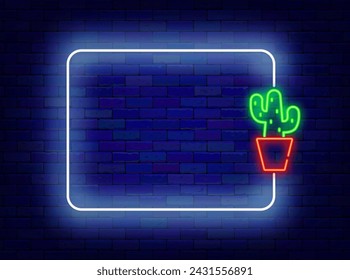 Cartel de neón de la tienda de flores. Planta interior. Icono de cactus y marco blanco vacío. Concepto de floricultura. Diseño de arte pop. Copiar espacio. Editando texto. Ilustración vectorial de stock